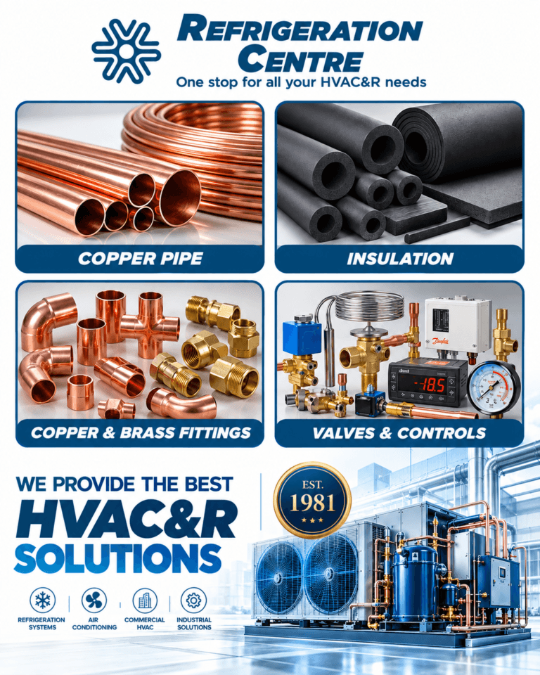 Refrigeration Centre, est. 1981: copper pipe, insulation, copper and brass fittings, valves and controls for HVAC&R